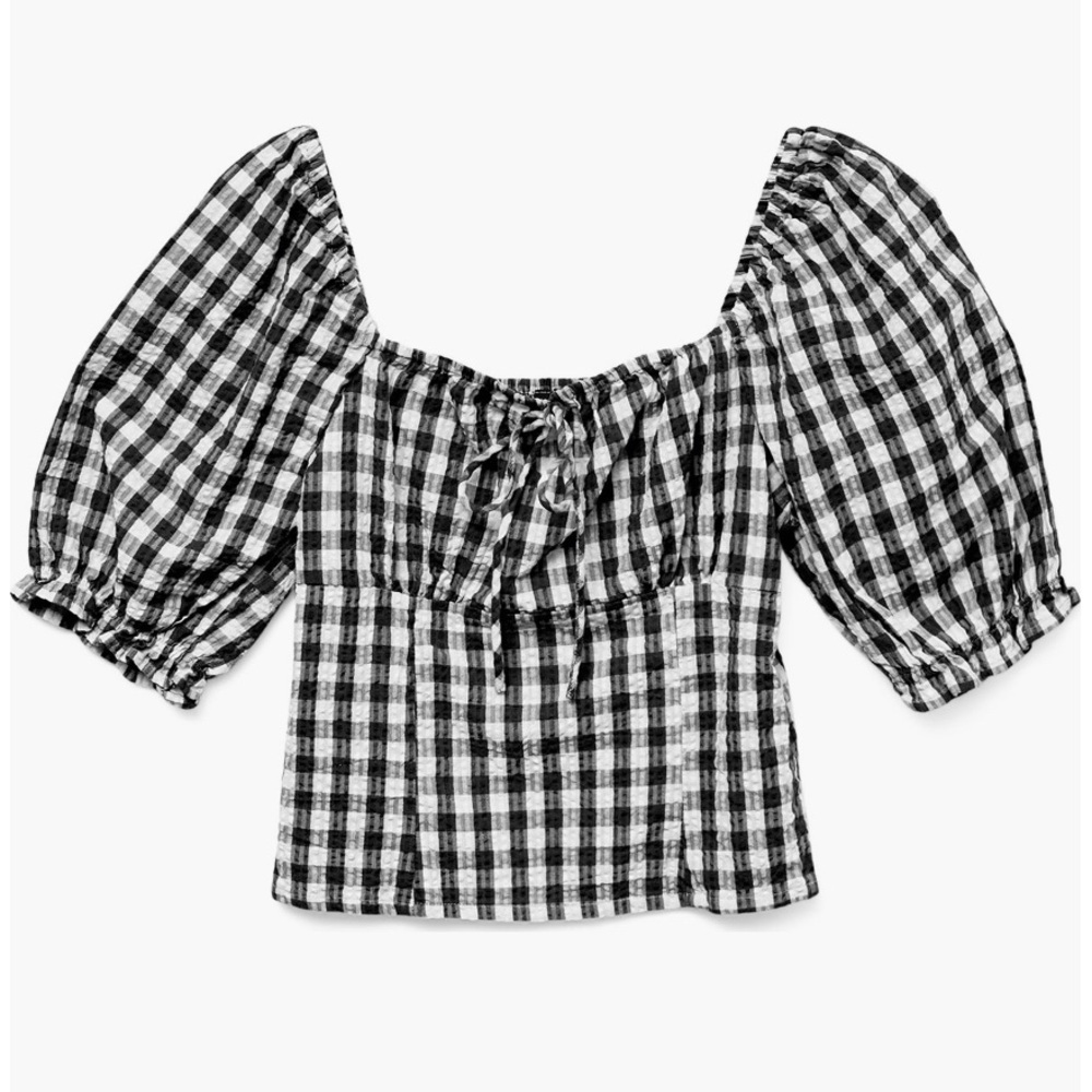 VERO MODA Othea Black & Snow White Gingham Puff Sleeve Top - Sz Medium, NWT